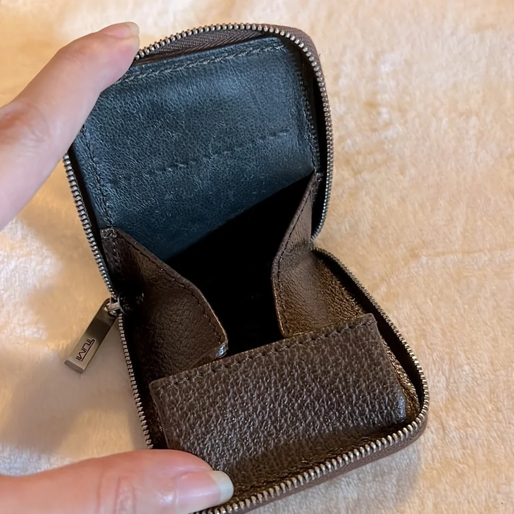 Vintage Tumi Zip Around Coin Purse Change Pouch Zippered Brown Textured Leather